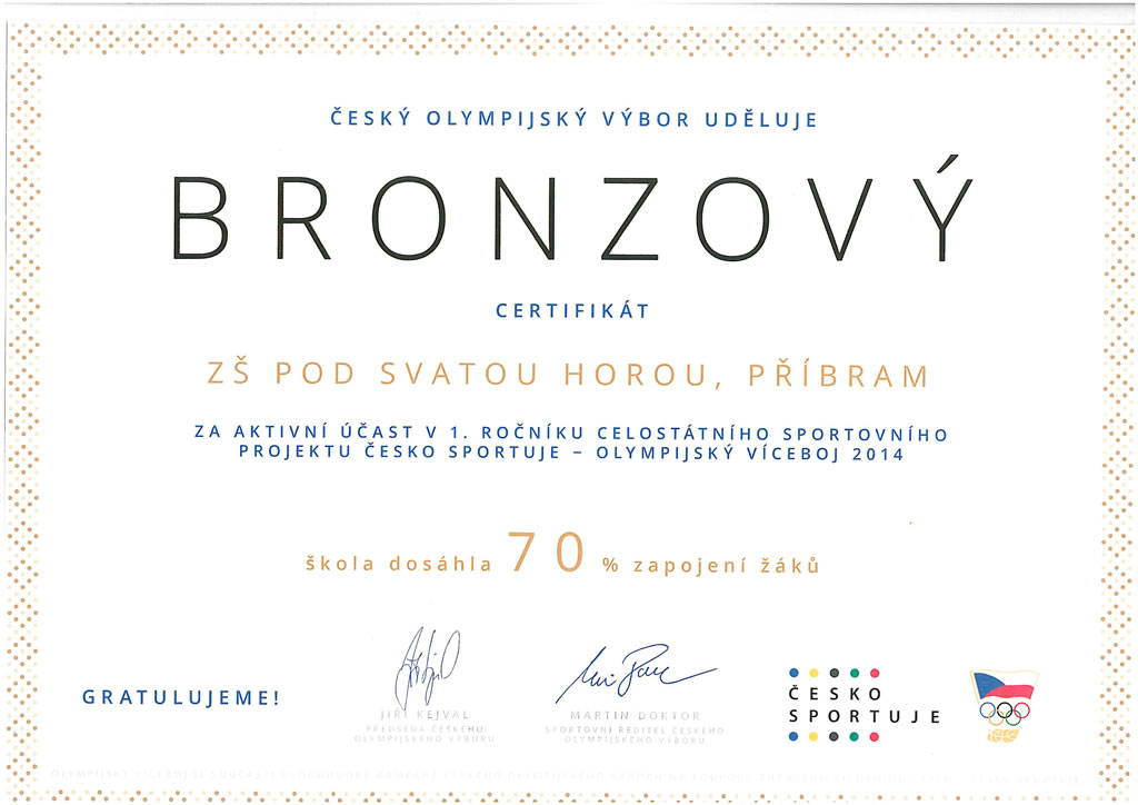 Bronzový certifikát za aktivní účast v 1. ročníku Olympijského víceboje 2014