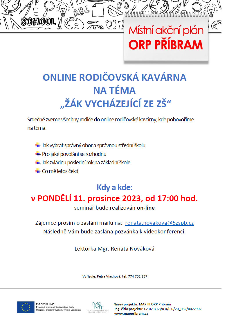 Pozvánka na online rodičovskou kavárnu na téma "Žák vycházející ze ZŠ"